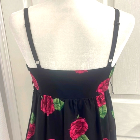 90s Betsey Johnson Silk Dress, Spaghetti Strap Midi Black with Pink Roses - Picture 3 of 8
